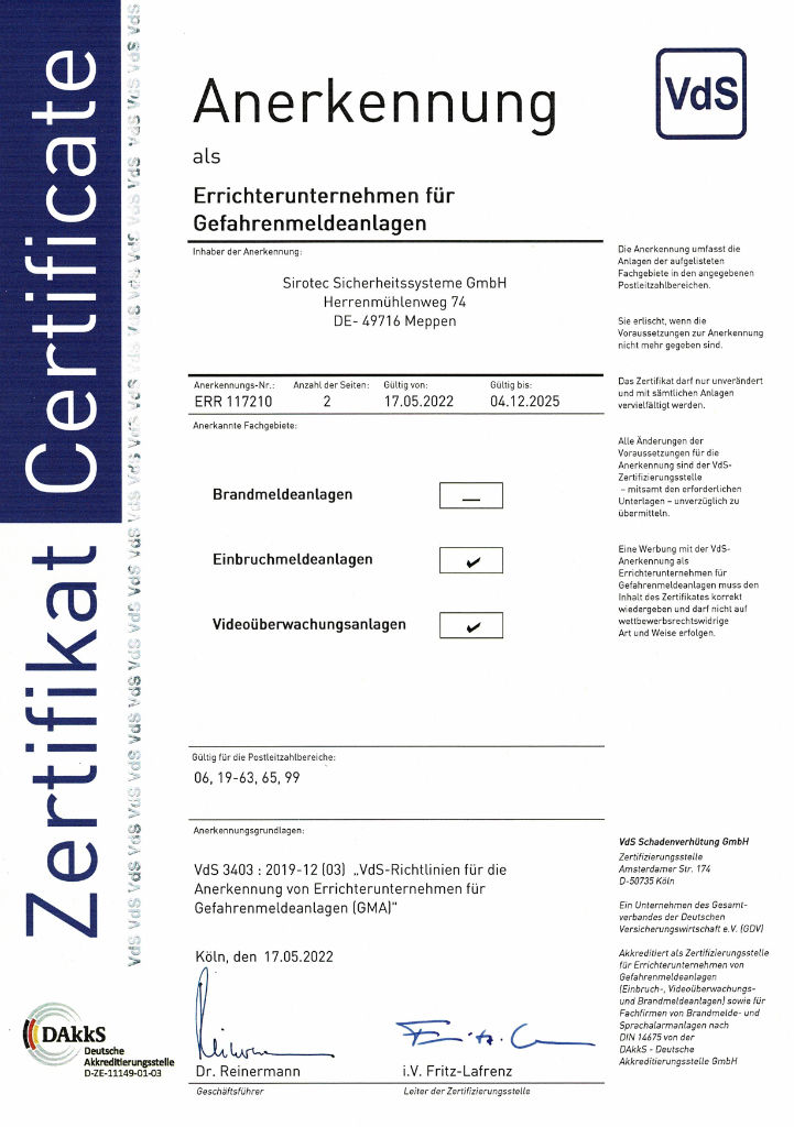 Sirotec Zertifikat VdS-Anerkennung 2022-05-17_Vorschau
