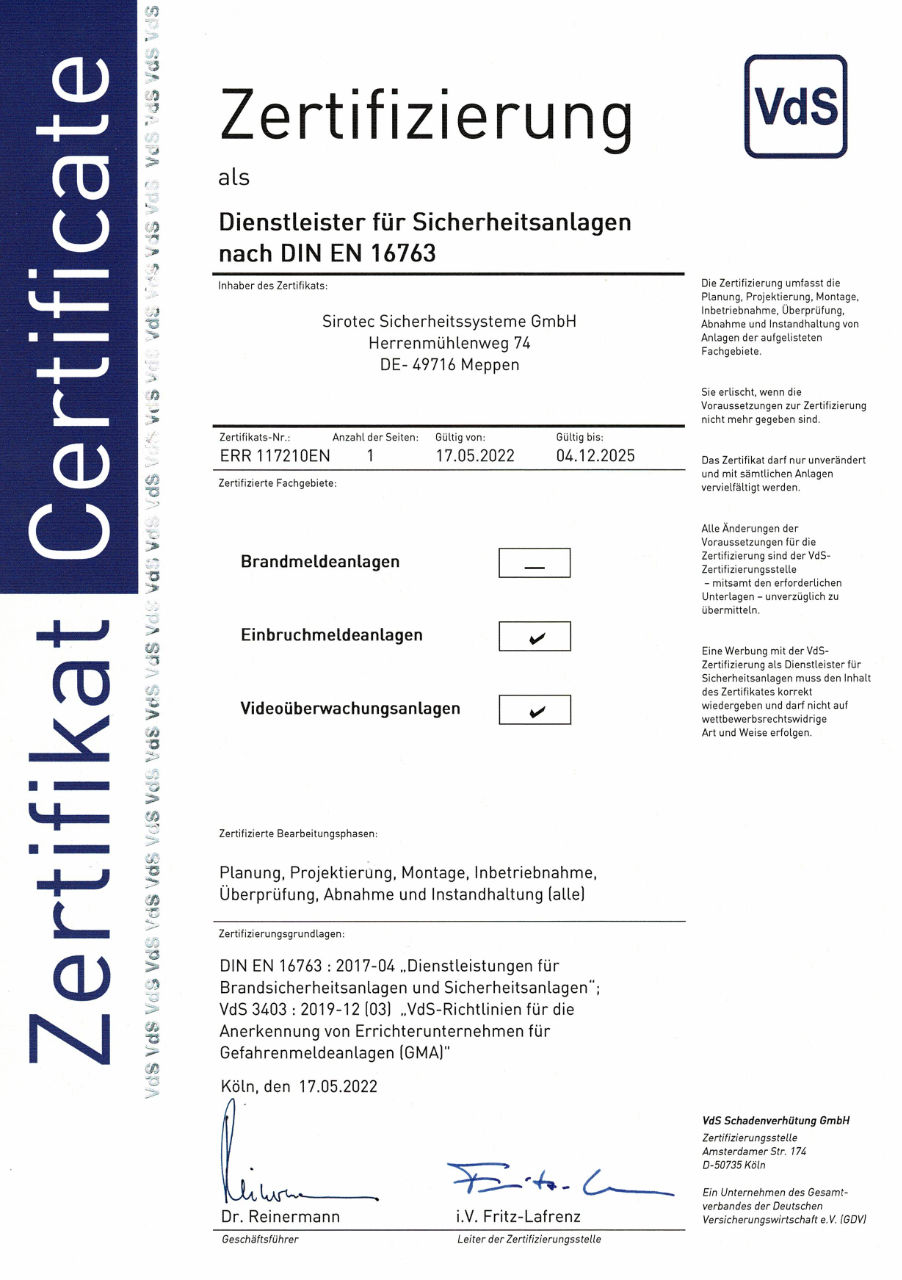 Sirotec Zertifikat VdS DIN EN16763 2022-05-17_Vorschau